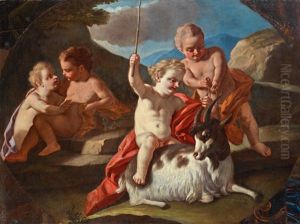 Four Putti Playing With A Goat by Francesco de Mura