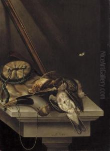 A Still Life Of Game And Hunting Acoutrements, On A Stone Ledge by Jacobus Biltius