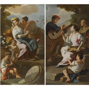 An Allegory Of Spring: Figures In A Garden With Flowers In Terracotta Pots With A Woman Playing The Tambourine And A Young Boy The Recorder (+ An Allegory Of Autumn; Pair) by Francesco de Mura