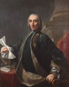 Portrait Of A Gentleman, Seated Half-length, At A Table, In A Dark Blue Ermine-trimmed Coat, Holding A Letter, Before A Column