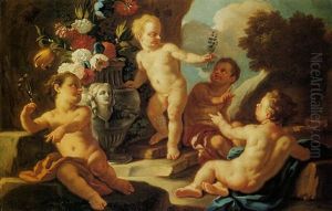 Putti Con Vaso Di Fiori E Paesaggio Sullo Sfondo