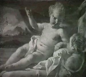 The Infant Christ Child And The Infant Saint John The       Baptist, In A Draped Interior, A Landscape Beyond