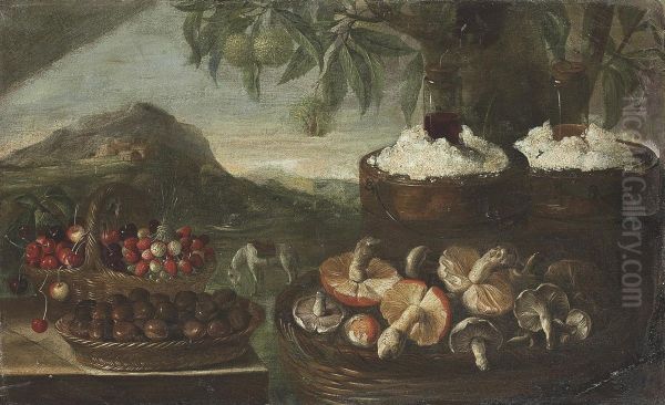 Baskets With Cherries, Strawberries, Chestnuts And Mushrooms On Astoneledge, A Landscape With A Horse Beyond - view 1