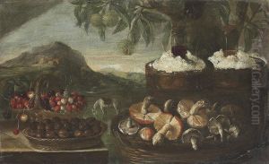 Baskets With Cherries, Strawberries, Chestnuts And Mushrooms On Astoneledge, A Landscape With A Horse Beyond