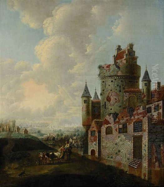 Landskap Med Slottsbyggnad, Stadsvy Och Figurer - view 1