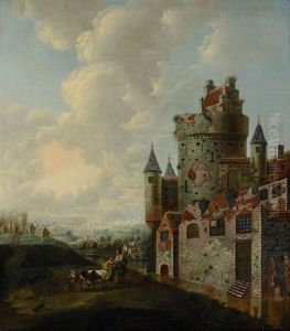 Landskap Med Slottsbyggnad, Stadsvy Och Figurer by Emanuel Murant
