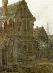A Courtyard In A Village, With A Church Tower In The Distance