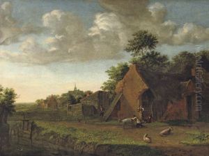 A Landscape With Figures And Livestock In A Farmyard by Emanuel Murant