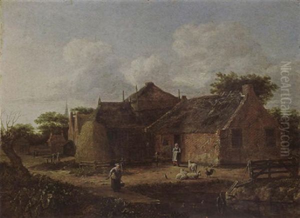 Two Women, Some Sheep And A Rooster Near A Pond In The Courtyard Of A Farmhouse - view 1