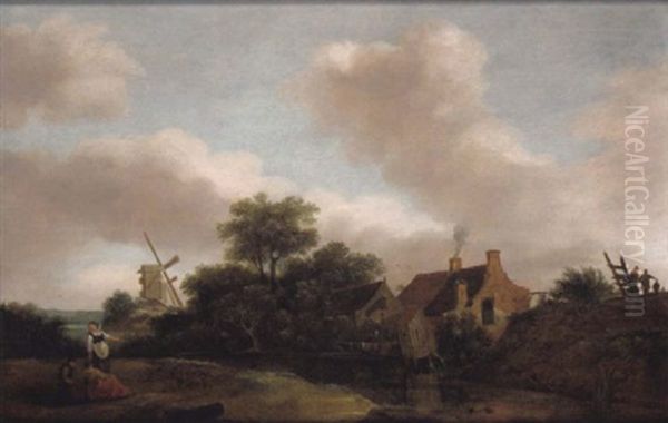 Hollandische Fluslandschaft Mit Einer Windmuhle Und Rastenden - view 1