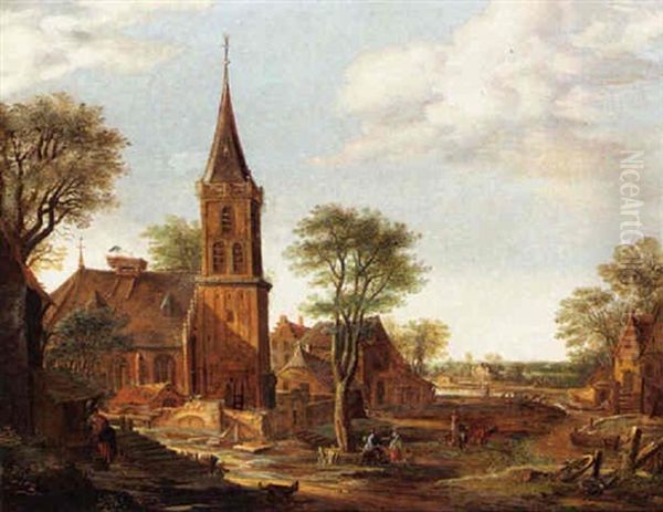 A Village Scene With Figures Near A Church - view 1