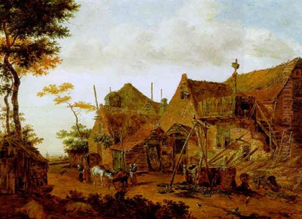 Eine Dorfstrase Und Bauern Mit Kuhen An Einer Futterkrippe - view 1