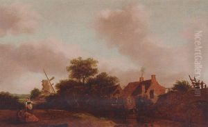 A River Landscape With Peasants Resting On A Bank, Cottages And A Windmill Beyond