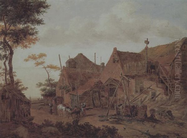 Eine Dorfstrasse Und Bauern Mit Kuhen An Einer Futterkrippe - view 1