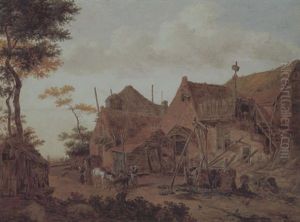 Eine Dorfstrasse Und Bauern Mit Kuhen An Einer Futterkrippe