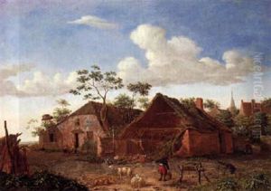 A Village Street With A Man Feeding His Sheep, A View Of A Church Tower Beyond