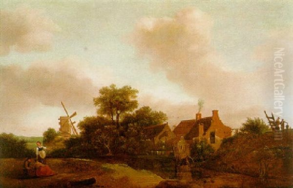 Dorf Mit Windmuhlen Und Rastenden An Einem Flus - view 1