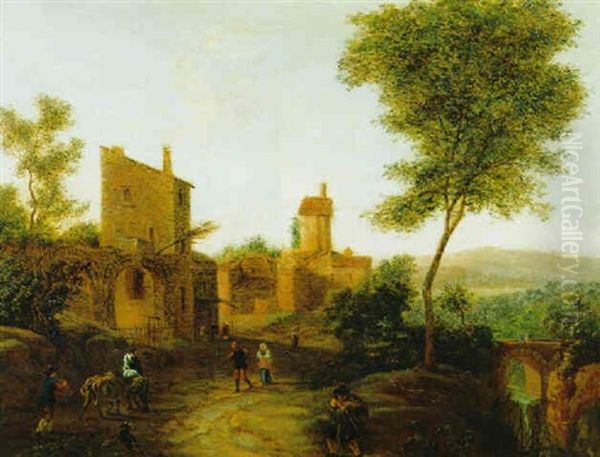 Reisende In Einer Flusslandschaft Vor Einem Dorf - view 1