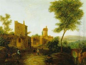 Reisende In Einer Flusslandschaft Vor Einem Dorf by Emanuel Murant