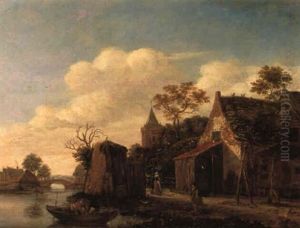 Dorf Mit Kirche An Einem Flus Und Fischern Dorf Mit Kirche An Einem Flus Und Fischern