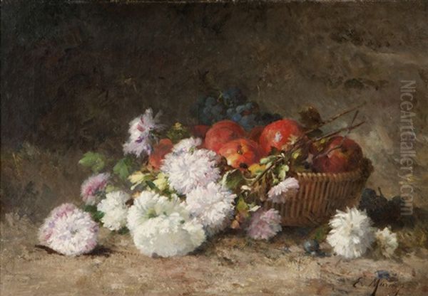 Grapes And Apples In A Wicker Basket, With Chrysanthemums Strewn To The Side - view 1