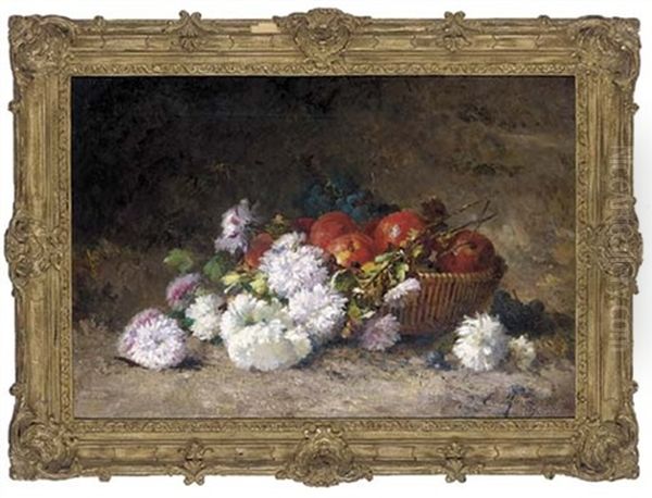 Grapes And Apples In A Wicker Basket, With Chrysanthemums To The Side - view 1