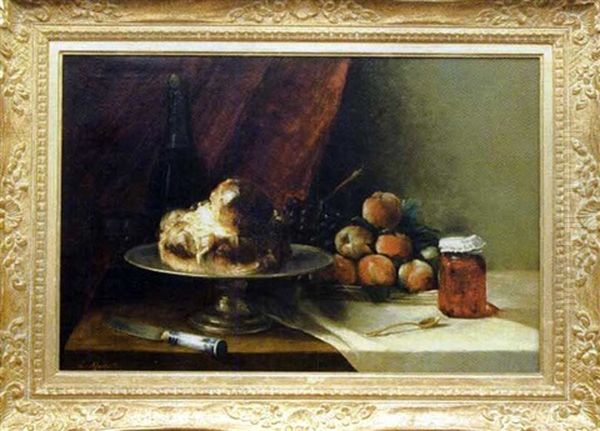 Nature Morte A La Brioche, Bouteille De Champagne, Pot De Confiture Et Peches - view 1