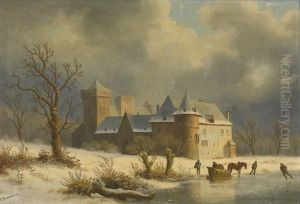 Winterliche Seeuferpartie Mit Schloss Und Figurenstaffage