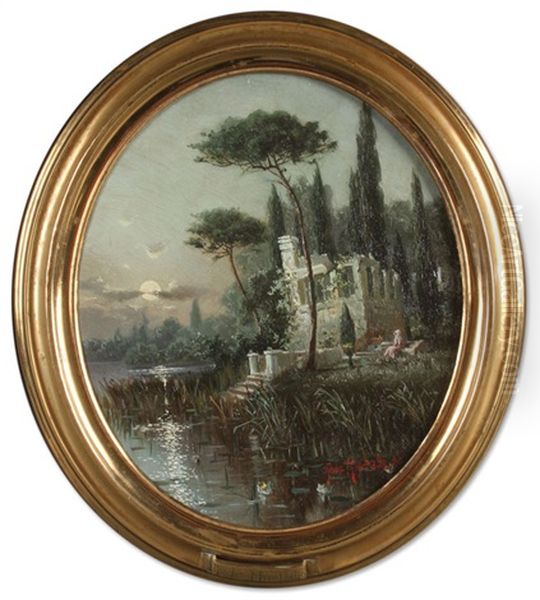 A Woman Sitting In A Moonlit Landscape Near Ruins And Lake - view 1