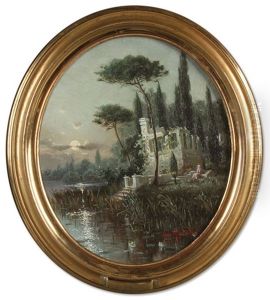 A Woman Sitting In A Moonlit Landscape Near Ruins And Lake by Vladimir Leodinovitch (Comte de) Muravioff