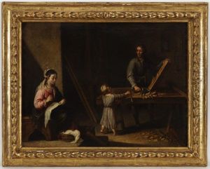 Joseph Charpentier Au Travail Aide Par L'enfant Jesus Sous L'oeil Attentif De Marie Cousant