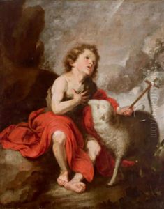 Der Johannesknabe Mit Dem Lamm In Einer Gebirgigen Landschaft by Bartolome Esteban Murillo
