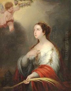 Ung Pige Med En Palmegren Og En Oliekrukke Forstillende En Kvindelig Martyr Eller Helgen