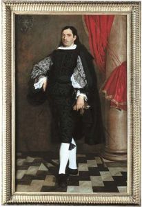Portrait Of A Nobleman, Full-length, In A Black Doublet And Cloak, Holding Gloves (in Collab. W/studio Of Bartolome Esteban Murillo) by Bartolome Esteban Murillo