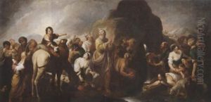 Moses Schlagt Wasser Aus Dem Felsen. Reichfigurige Szene Mit Den Wasserschopfenden Israeliten. In Der Mitte Moses Und Aaron