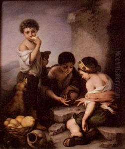 Urchins Gambling On The Steps Of A Ruin, Another Child Eating A Husk Of Bread With A Dog Looking On by Bartolome Esteban Murillo
