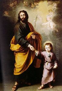 Saint Joseph Taking The Hand Of The Christ Child With A Glory Of Angels Above by Bartolome Esteban Murillo