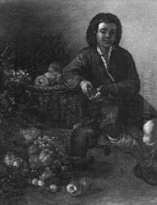 A Boy Holding A Pomegranate Seated Beside A Monkey And A Basket Of Fruit by Bartolome Esteban Murillo