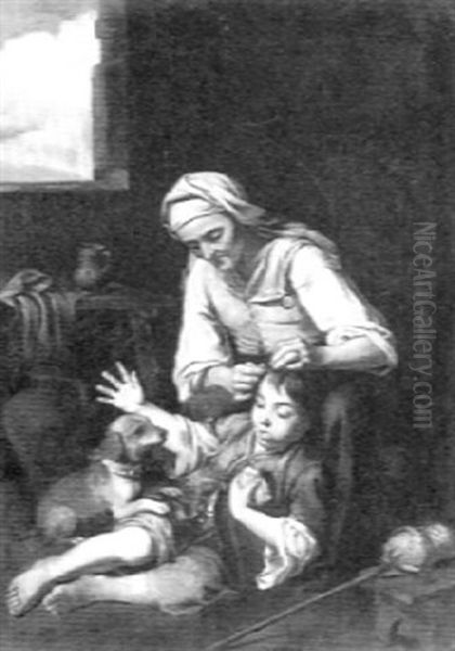 An Old Woman Grooming A Young Boy - view 1