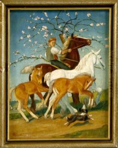Fruhlingslandschaft Mit Pferdefohlen Und Reitendem Knaben by A. Binder
