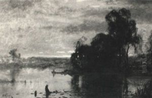 Boater On A Lake, Sunset Boater On A Lake, Sunset