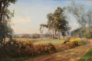 A Rural Scene, Cattle On A Path In A Glade, Farm Buildings Beyond