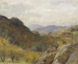 Stag And Other Deer In A Highland Landscape by David Murray