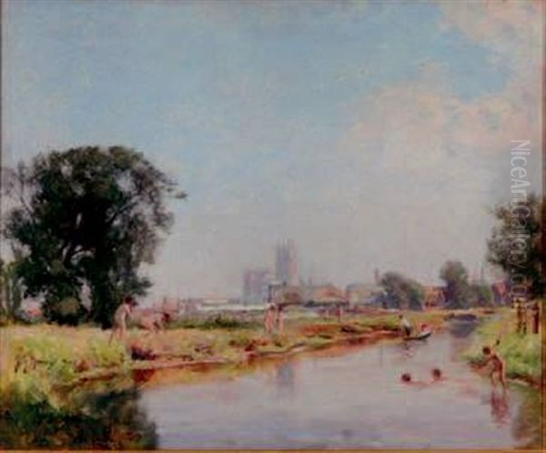 Children Bathing, Cathedral Town Beyond - view 1