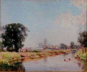 Children Bathing, Cathedral Town Beyond