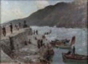 Harbor Scene With Fishermen And Fishing Boats Harbor Scene With Fishermen And Fishing Boats