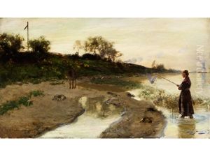 Flussufer-landschaft Mit Junger Fischerin Mit Einem Kescher