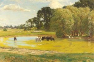 Horses Watering In A Summer Landscape by Sir David Murray