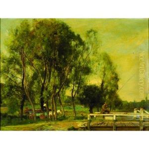 A Lush Pastoral Landscape With Figures Harvesting And A Fisherman Preparing His Line On A Bridge by Sir David Murray