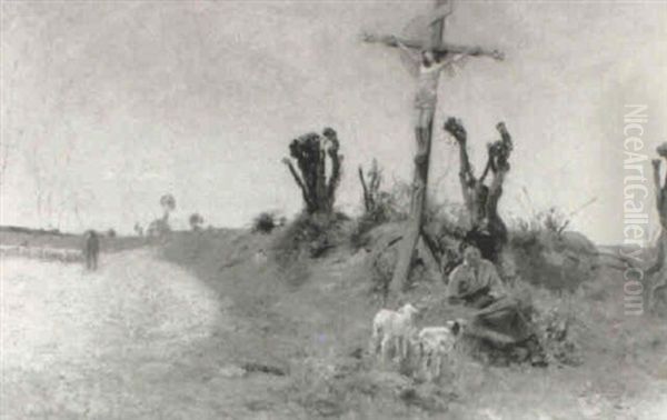 Rural Figures Resting Under A Wayside Cross - view 1